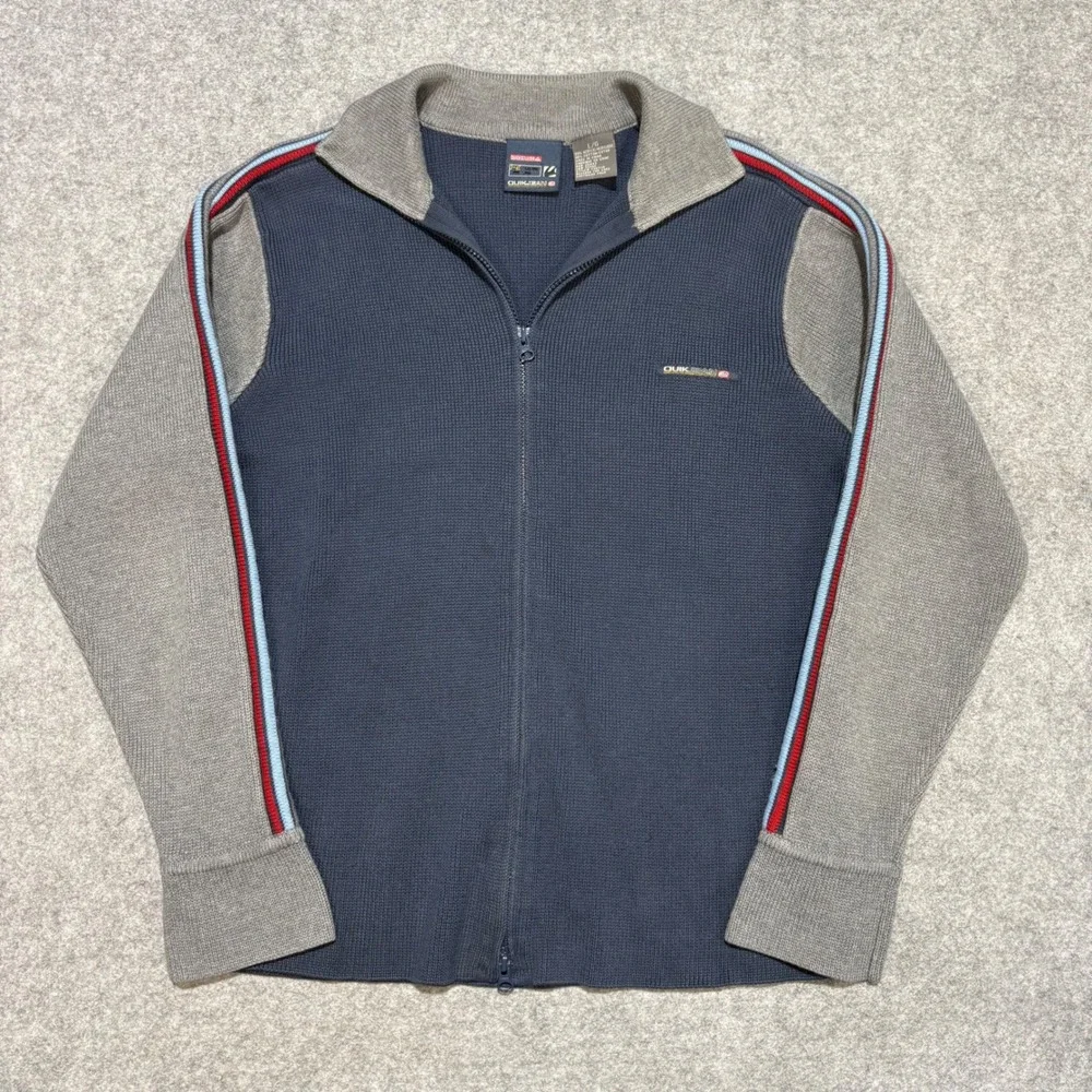 Quiksilver Quikjean Mens Large Full Zip Waffle Knit Sweater Navy Grey Striped